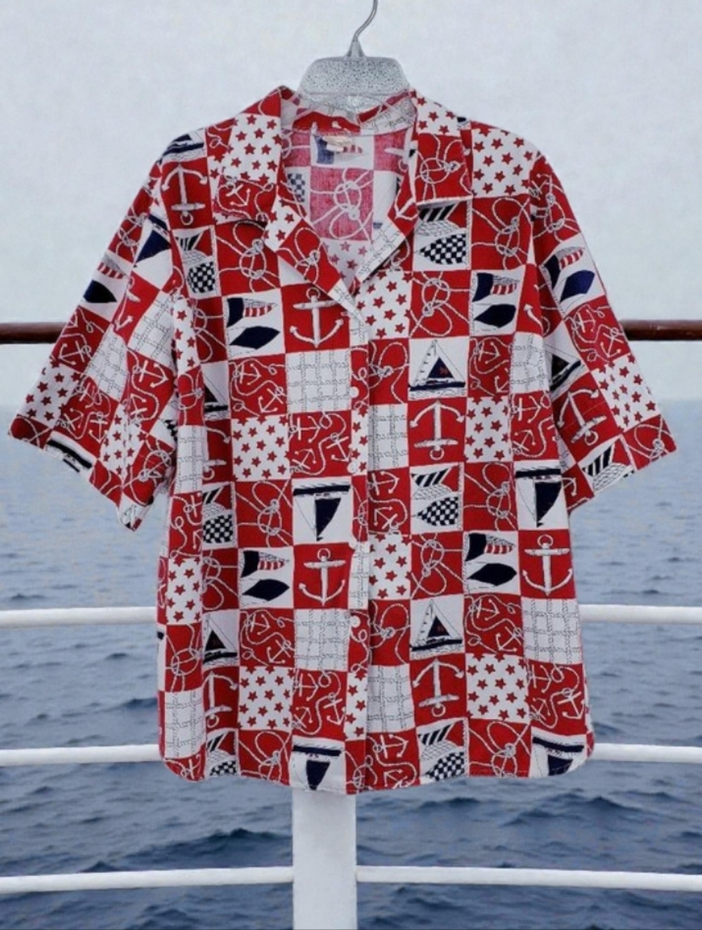 Vintage Joni-Lyn Of Texas Button Up Shirt Womens XL Red Patchwork Print Nautical